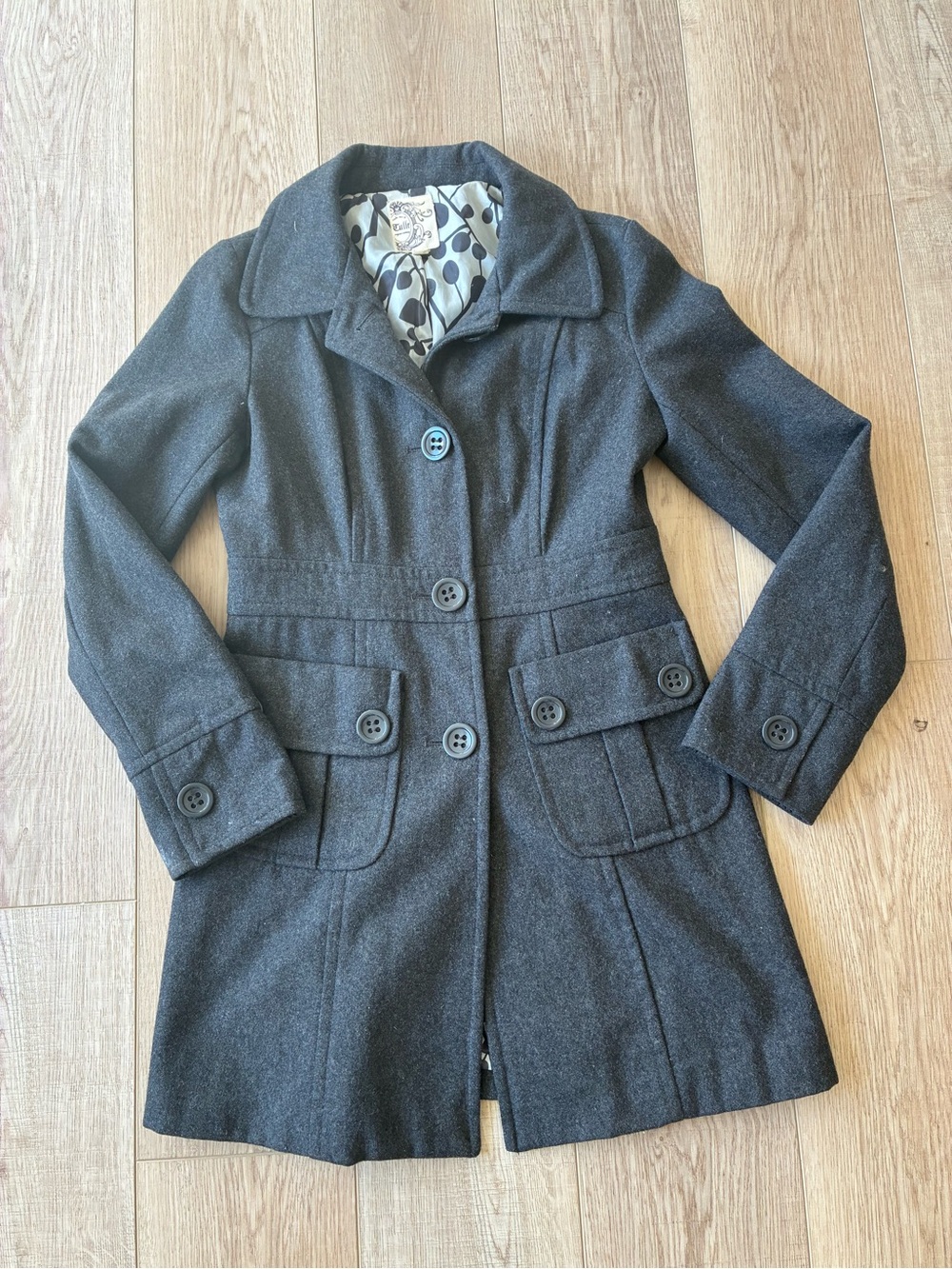 Tulle Gray Tailored Wool-Blend Pea dress Coat long length silky lining preppy m